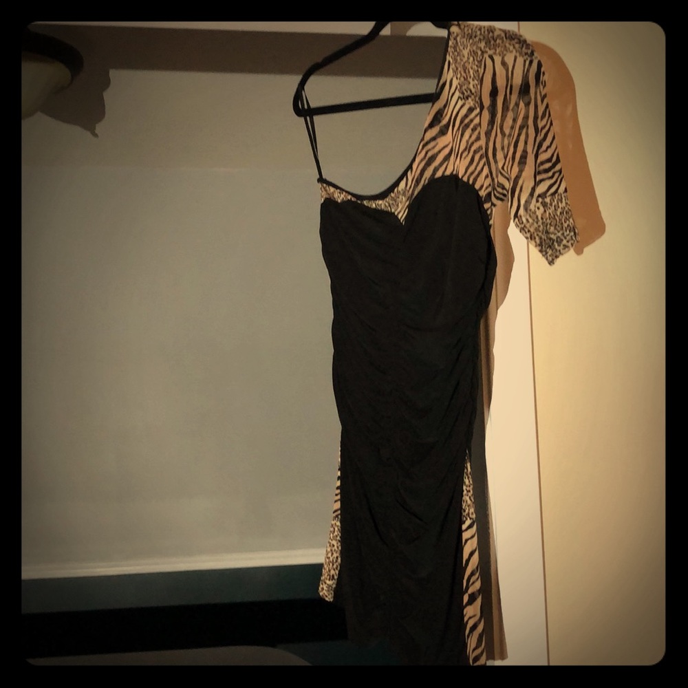 Animal print & black one shoulder dress